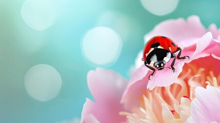 A close-up shot of a ladybug on a vibrant pink flower with a soft focus background, capturing the beauty of nature.
