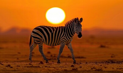 A zebra walking in the desert at sunset with a large sun in the background, creating a warm, dramatic silhouette.
