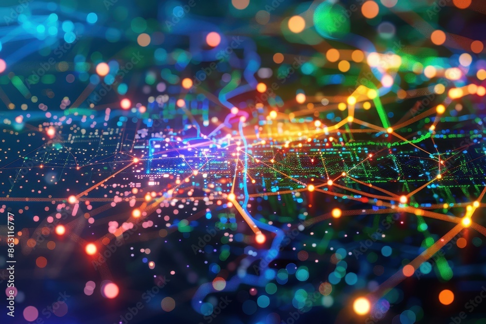Poster Abstract colorful digital data landscape with interconnected dots. Futuristic technology network background, ideal for AI and internet concepts.