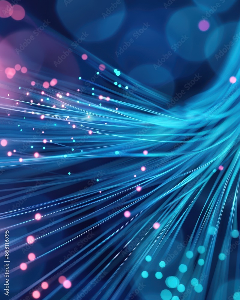 Poster abstract digital fiber optic background with glowing blue and pink lights, representing modern techn