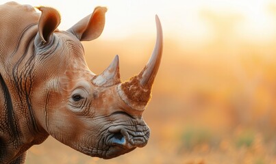 Fototapeta premium Close-up of a rhinoceros at sunset, showcasing the detailed texture of its skin and the majestic horn against a warm, golden background.