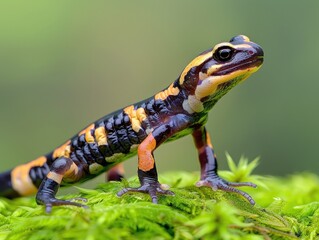 Fototapeta premium Close-up of a vibrant, colorful salamander perched on green moss with a blurred nature background. Perfect for nature and wildlife enthusiasts.