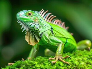 Fototapeta premium Close-up of a vibrant green iguana resting on a mossy branch in a tropical rainforest, showcasing its detailed scales and spines.