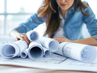 Close-up of a woman reviewing rolled architectural blueprints on a table, focused on plans, in a well-lit office space.