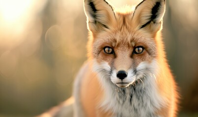 Fototapeta premium Close-up portrait of a red fox with blurred background, showcasing its striking fur and intense gaze in natural light.