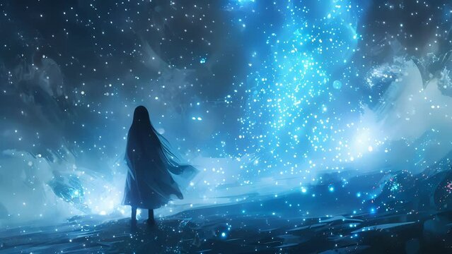 With a flick of the artists wrist bright blue ink droplets splattered onto the canvas each one radiating a soft ethereal light.