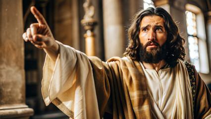 Jesus Christ preaching the Word of God and pointing the finger at the Pharisees illustration