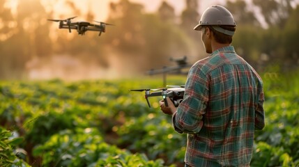 Fototapeta premium Farmer using drone technology for crop management