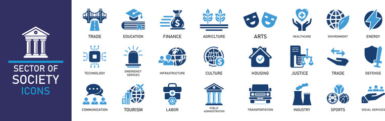 Fototapeta premium Sector of society icon set. Containing agriculture, education, healthcare, energy, technology, transportation, arts, justice and more. Solid vector icons collection