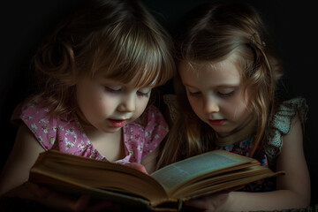 
In the image of "children reading a book," the scene unfolds with a group of diverse children gathered in a cozy, sunlit corner of a room. 