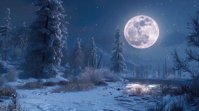 Snow-covered forest under a full moon with serene night sky, showcasing tranquil winter landscape and nature's beauty.