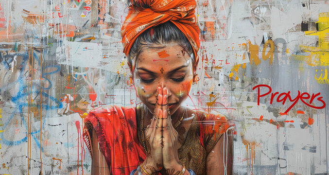 Graffiti image of an Indian lady praying with her eyes closed on a colorful backwall of the city streets with "Prayers" written next to her, Concept of communicating a message with modern art 