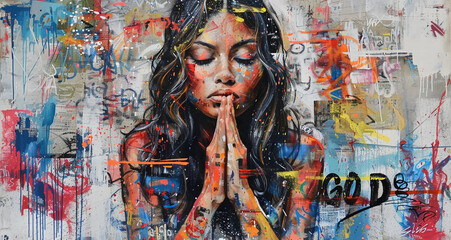 Graffiti image of a young lady praying with her eyes closed on a colorful backwall of the city streets with "God" written next to her, Concept of communicating a message with modern art 