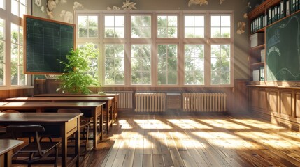 Vintage Classroom with Sunlight Streaming Through Windows, Generative AI