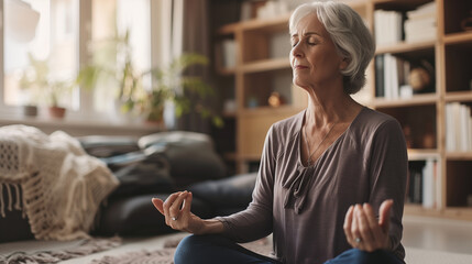 Senior Woman with White Hair in Lotus Position, Meditating  - Flexibility and Mindfulness Demonstration