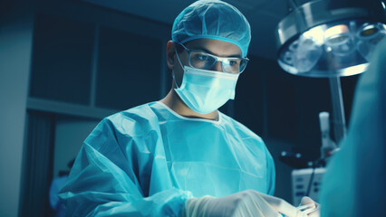 A surgeon in a sterile operating room, focused on a surgical procedure. The image emphasizes precision, professionalism, and medical expertise.