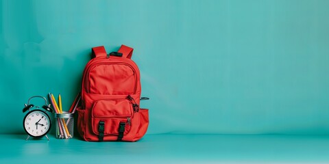 Red Backpack and Alarm Clock on Turquoise Background with copy space. Back to school design.