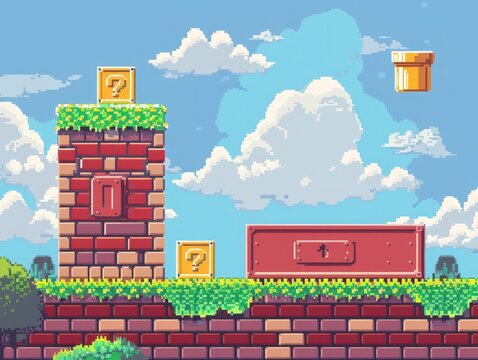 Pixel art game background with button level up. Game design concept in retro style. Vector illustration. Game screen pixel