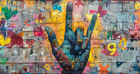 Fototapeta premium Graffiti art of hand symbol for peace and success painted on a wall filled with different newspapers, modern artwork, street art 