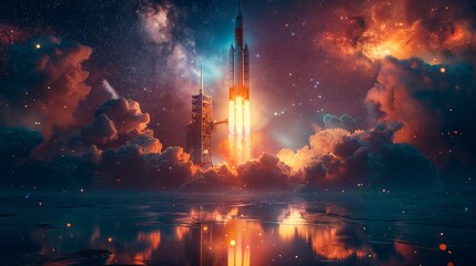 Spacecraft Launch Through Clouds Against a Starry Sky