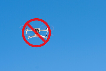 Ban on flying quadcopters. Crossed out flying drone. Ban on drone photography. Restrictions on quadcopter flights. Crossed out drone with spy camera