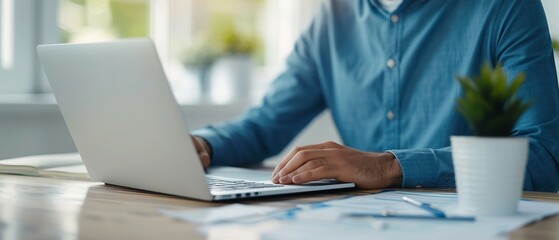 Fototapeta premium A focused teacher at a desk, preparing detailed lesson plans on a laptop, scattered papers and stationery around, realistic, daylight setting, sharp detail