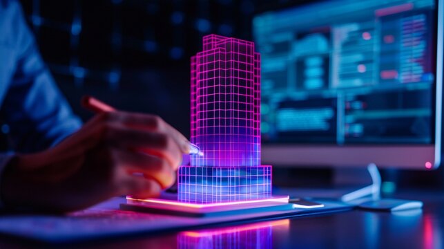 Architect in a sleek futuristic office creating building designs using augmented reality, holographic 3D models, advanced tech environment, vibrant neon hues, detailed