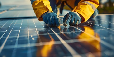 Technician securing solar panel to frame during daytime installation. Concept Solar panel installation, Technician at work, Renewable energy, Daylight work, Eco-friendly technology