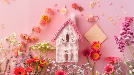 Creative handmade spring home decor with crocheted house figurine traditional flowers and festive greeting card on pastel pink background