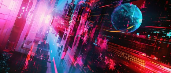 Obraz premium Futuristic Cityscape With Earth View featuring neon lights and high-rise buildings in pink and blue tones, with a view of Earth in the background.