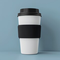 Design of the coffee cup sleeve with black rubber material in a minimalist style with white color and matte texture standing on a blue background in a high resolution product photography view