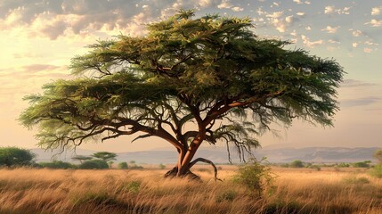 Obraz premium A majestic acacia tree stands tall in the African savannah, its leaves casting intricate shadows on the surrounding grasslands as wildlife roams around it