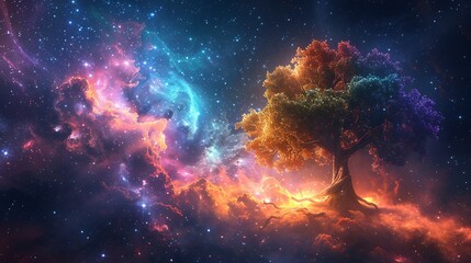 Unity in Diversity - Cosmic Tree with Rainbow Leaves Reaching Towards Nebula for Pride Month Celebration with Copy Space