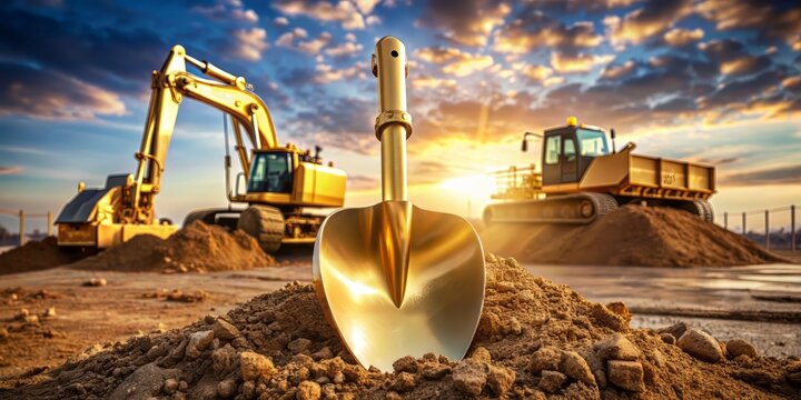 A golden shovel sinks into the earth, symbolizing a new beginning, amidst a backdrop of construction equipment and machinery at a groundbreaking ceremony site.