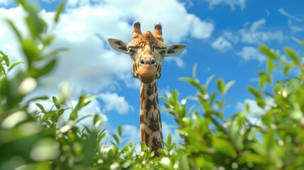 Fototapeta premium Rothschild giraffe facing forward with greenery and sky in the background Room for text