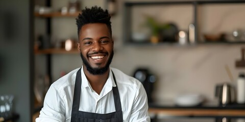 Obraz premium African-American man providing professional apartment cleaning services. Concept Cleaning Services, Professional Services, Apartment Cleaning, African-American Business Owner, Home Maintenance