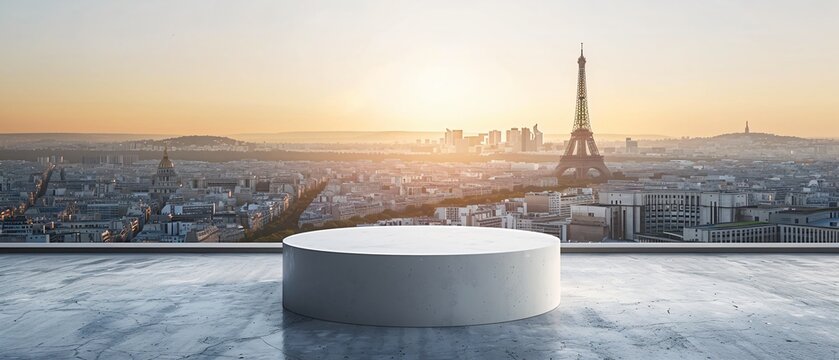 Elegant Minimalistic Podium for Product Showcase with Paris City Skyline Panorama in Background