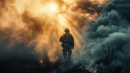 Fototapeta premium American soldier in silhouette, resolute against a backdrop of smoke and fire, gazing towards a distant light filtering through clouds