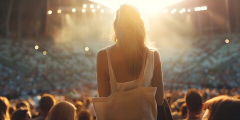Obraz premium Caucasian woman holding tote bag at concert enjoying weekend vibes. Concept Weekend Outfit Inspiration, Concert Fashion, Casual Style, Tote Bag Trends