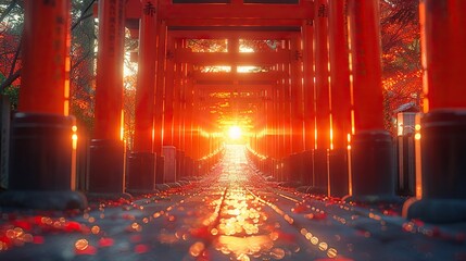 Obraz premium Sunset Glow at Kyoto’s Fushimi Inari Shrine - A Tranquil Path Under Vermilion Torii Gates