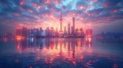 Naklejka premium Golden Tranquility Shanghai’s Futuristic Skyline Illuminated Against the Twilight Sky