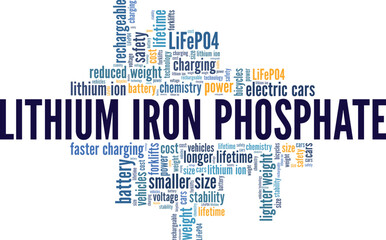 Lithium Iron Phosphate LiFePO4 word cloud conceptual design isolated on white background.