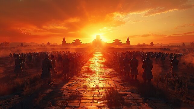 Sunset Over Terracotta Warriors - Majestic Ancient Army in Repose