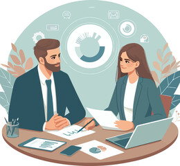Partners meeting for business discussion with documents and laptop on desk. Couple at round table, speaking, discussing work, partnership. Flat vector illustration isolated on white background