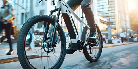 Fototapeta premium Person rides electric bike in urban area. Concept Electric Bike, Urban Lifestyle, Commuting, Sustainable Transportation, Cityscape