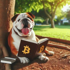 smiling bulldog dog, sitting under the tree, on a sunny day, enjoying the shade while reading a book with the bitcoin symbol on the cover