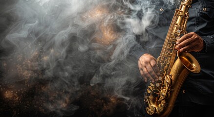 Obraz premium Musician Playing Saxophone in Smoky Atmosphere