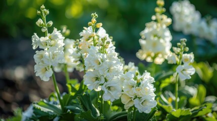 Blooming white Matthiola Incana flowers in a flowerbed