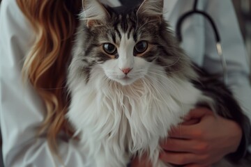 A cat is being examined by a female doctor at the clinic, with the cute feline sitting and looking at the camera with big, expressive eyes