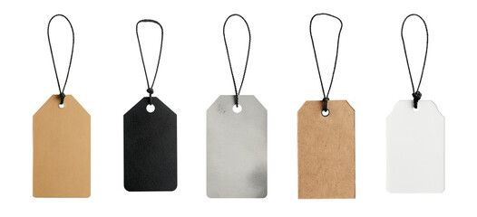 Carton paper label tags, with black string cord knot. Different colored versions, isolated on transparent background. Generative AI